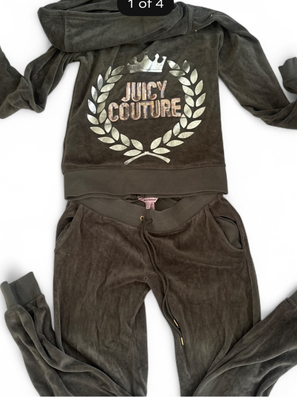 Vintage Juicy Couture Olive Green Velour Tracksuit with Metallic Laurel Logo